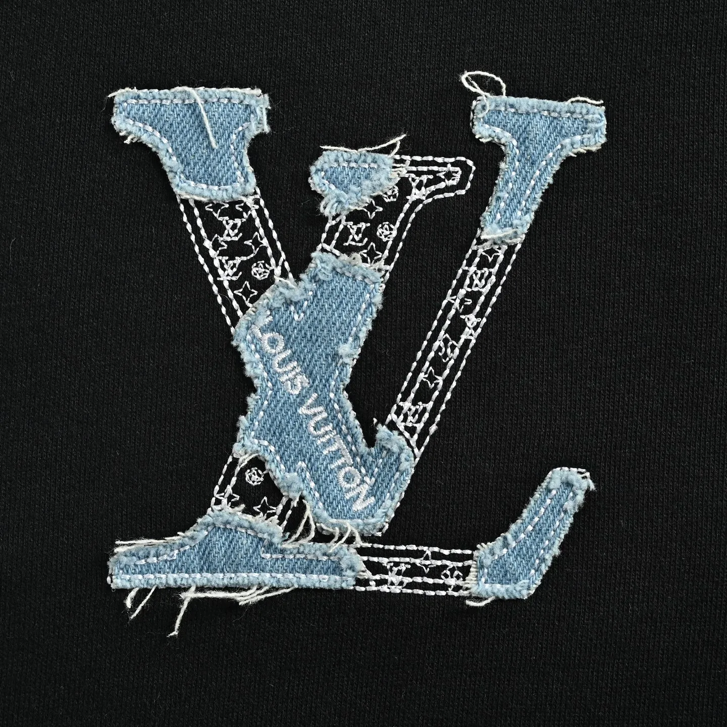 Louis Vuitton/Louis Vuitton denim patch letter embroidered crew neck sweatshirt